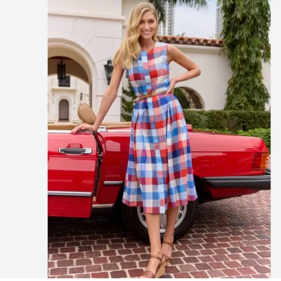 Jude Connally Large L Pauline stretch linen dress nwt plaid - Picture 1 of 7